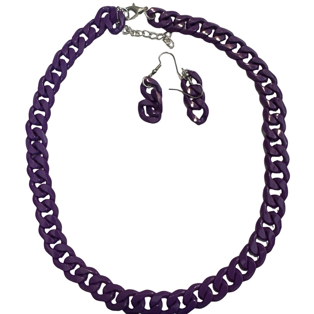 Bold Purple Chain Link Necklace and Earring Set - Handmade